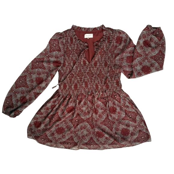 Melloday Womens Boho Peasant Blouse Small Rust Red Smocked Phoebe Buffay Cottage - Picture 1 of 16